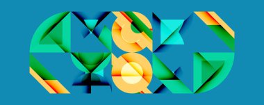 Soyut geometrik şekiller kelime bulutu oluşturur. Parlak renkler, dinamik kompozisyon, modern tasarım. Cesur görsel ifade, sanatsal ifade.