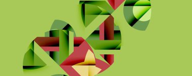 Soyut geometrik şekiller üst üste binerek katmanlı görsel efekt yaratır. Renkler arasında yeşil, kırmızı, sarı ve ışık arkaplanı yer alıyor.