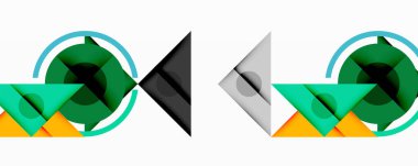 Soyut geometrik bileşim. Çemberler, üçgenler, kareler üst üste binerek dinamik görsel efekt yaratır. Yeşil, turuncu, gri baskın palet.