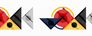 Soyut geometrik bileşim. Şekiller örtüşüyor, dinamik görsel ritim yaratıyor. Renkler arasında kırmızı, siyah, sarı, gri, deniz mavisi var. Minimalist tasarım.