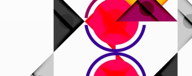 Soyut geometrik bileşim. Pembe daireler mor üçgenlerle kesişir, gri şekiller dinamik kontrastlar yaratır. Minimalist tasarım.