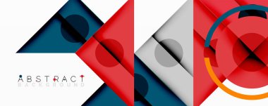 Geometrik şekiller üst üste binerek modern tasarım yaratıyor. Kırmızı, gri, mavi renkler kompozisyona hakim. Minimalist estetik, temiz çizgiler mevcut.