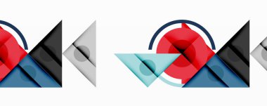 Soyut geometrik şekiller, kırmızı, mavi, gri. Üst üste binen daireleri, üçgenleri, dikdörtgenleri olan minimalist tasarım. Temiz çizgiler, modern estetik..