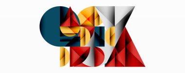 Soyut geometrik bileşim. Şekiller örtüşüyor, dinamik görsel ilgi yaratıyor. Renkler arasında kırmızı, altın, deniz mavisi, gri var. Modern tasarım.