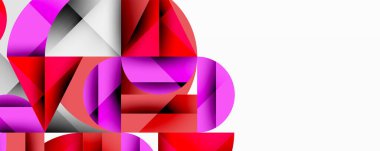 Soyut geometrik bileşim. Şekiller çakışıyor, dinamik görsel etki yaratıyor. Kırmızı, pembe, gri baskın tasarım. Minimalist stil.