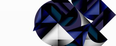 Soyut geometrik şekiller dairesel tasarım oluşturur. Koyu mavi, morlar beyaz arka plana hakim. Modern, minimalist estetik.