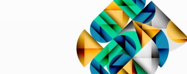 Soyut geometrik bileşim. Şekiller örtüşüyor, dinamik görsel ilgi yaratıyor. Renkler arasında deniz mavisi, altın, mavi, beyaz. Modern tasarım.