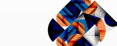 Soyut geometrik şekiller örtüşür, dinamik bileşim yaratır. Turuncu, mavi, gri renkler beyaz arkaplana hükmediyor. Modern tasarım ögesi.