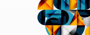 Soyut geometrik şekiller, canlı renkler, modern tasarım. Kompozisyonda üçgenler, daireler, kareler, üst üste binen formlar var. Minimalist estetik.