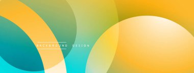 Soyut renkli arkaplan. Üst üste binen daireler dinamik görsel efekt yaratır. Sarı, yeşil, turkuaz renkler kompozisyona hakim. Modern tasarım ögesi.