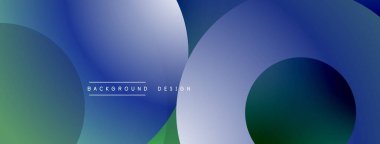Soyut tasarım özellikleri üst üste binen daireler, gradyanlar. Mavi, yeşil renkler kompozisyona hakim. Metin arka plan tasarımı okur. Minimalist estetik.