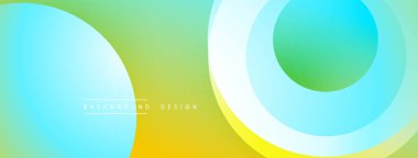 Soyut renkli arkaplan. Üst üste binen daireler canlı gradyanlar yaratır, sarı, yeşil, mavi renkler. Modern tasarım ögesi.