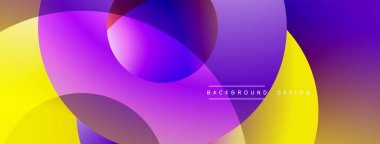 Soyut, enerjik çemberler çakışıyor. Mor, sarı renkler modern tasarım yaratır. Arkaplanda metin ögeleri, basit bileşim.