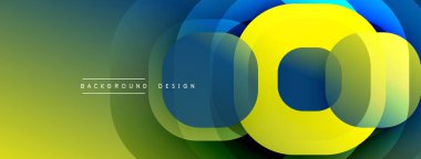 Soyut tasarım özellikleri üst üste binen daireler, canlı gradyanlar. Sarı, mavi, yeşil renkler modern görsel efektler yaratır. Metin arkaplan tasarımı okur.