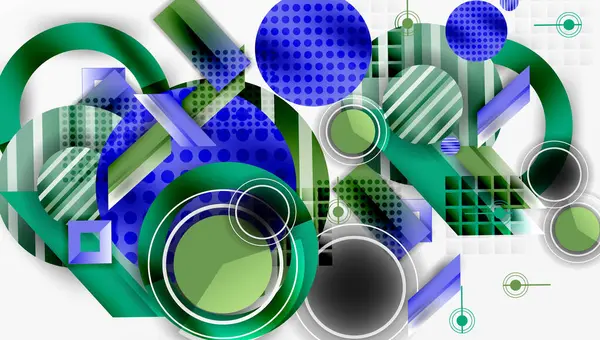 Soyut kompozisyon. Geometrik şekiller örtüşür, dinamik görsel doku yaratır. Mavi, yeşil baskın palet. Modern tasarım elemanları.