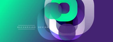 Soyut tasarım harfleri oluşturan katmanlı daireler içerir. Mora doğru eğimli deniz mavisi kompozisyona hakim. Metin arkaplan tasarımı okur.