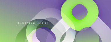 Soyut tasarım özellikleri üst üste binen daireler, gradyanlar. Mor, yeşil renkler kompozisyona hakim. Modern, dinamik görsel element.