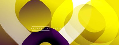 Üst üste binen daireler içeren soyut kompozisyon. Sarı, kahverengi, mor dinamik görsel efekt yaratır. Modern tasarım ögesi.
