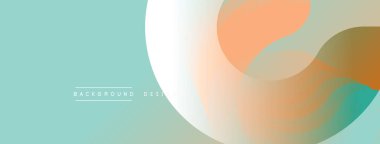 Soyut sıvı şekilleri örtüşür ve yumuşak renk değişimleri yaratır. Arkaplanda deniz mavisi, turuncu, beyaz renkler var. Minimalist tasarım.