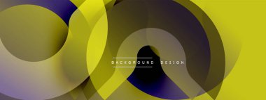 Soyut tasarım özellikleri üst üste binen daireler, gradyanlar. Sarı, mor, kahverengi renkler dinamik görsel efekt yaratır. Modern arkaplan dokusu.