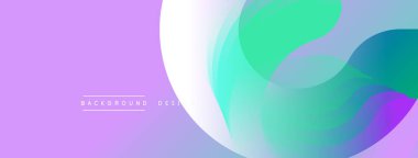 Soyut sıvı şekilleri örtüşür ve canlı renk değişimleri yaratır. Leylak, turkuaz, yeşil renkler tasarımda baskın. Modern arkaplan dokusu.