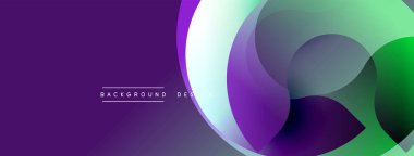 Soyut mor, yeşil katmanlar dinamik arkaplan yaratır. Modern tasarım üst üste binen daireler, pürüzsüz eğimler içerir. Mevcut en küçük metin.