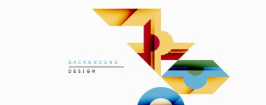 Soyut geometrik bileşim. Üst üste binen şekiller dinamik görsel efekt yaratır. Sarı, mavi, kırmızı, yeşil renkler tasarımda baskın. Modern tarz, temiz çizgiler, minimalist estetik..