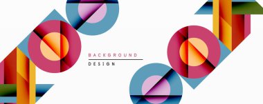 Soyut geometrik bileşim. Üst üste binen daireler, kareler, dikdörtgenler dinamik görsel efekt yaratır. Parlak renkler, modern tasarım, temiz estetik. Minimalist stil.