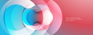 Soyut tasarım özellikleri üst üste binen şeffaf daireler. Renkler mavi, beyaz, dinamik görsel efekt yaratır. Modern, minimalist estetik.