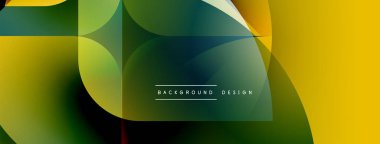 Soyut geometrik şekiller örtüşüyor, canlı renk eğimleri yaratıyor. Sarı, yeşiller kompozisyona hakim. Modern tasarım ögesi.