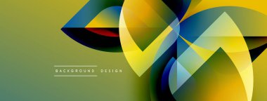 Soyut geometrik şekiller örtüşüyor, canlı renk eğimleri yaratıyor. Sönük arkaplanda sarı, mavi, yeşil renkler var.