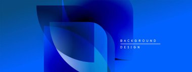 Soyut mavi arkaplan özellikleri katmanlı şekiller, gradyanlar. Modern tasarım elementleri dinamik görsel efekt yaratır. Metin arkaplan tasarımı okur.