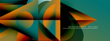 Soyut geometrik şekiller, canlı renkler, akan çizgiler modern tasarım yaratır. Teal, turuncu, yeşil baskın bileşim. Minimalist metin mevcut.