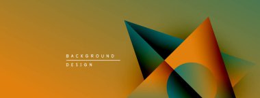Soyut geometrik şekiller örtüşüyor, canlı renk eğimleri yaratıyor. Arkaplanda sıcak turuncu, deniz mavisi ve zeytin renkleri var. Minimalist tasarım.