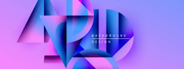 Soyut geometrik şekiller örtüşüyor, canlı mor ve mavi renkler yaratıyor. Metin, kompozisyon içerisindeki arkaplan tasarımını okur.