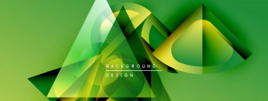 Soyut geometrik şekiller örtüşüyor ve canlı yeşil bir tasarım yaratıyor. Modern arkaplan şeffaf katmanlar, pürüzsüz eğimler içerir.