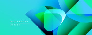 Soyut geometrik şekiller örtüşür, canlı turkuaz, mavi ve yeşil renkler yaratır. Modern tasarım hareket, derinlik ve enerji öneriyor.