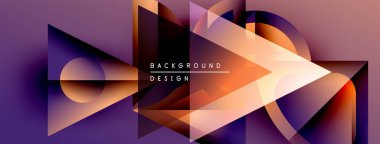 Soyut geometrik şekiller canlı gradyan arkaplan oluşturur. Mor, turuncu renkler tasarıma hakim, modern estetiğe işaret ediyor.