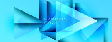 Soyut geometrik şekiller, canlı mavi renkler, modern tasarım. Gradyan etkiler dinamik görsel doku yaratır. Arkaplanda metin ögeleri.