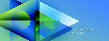 Soyut geometrik şekiller, canlı maviler, yeşiller dinamik arkaplan oluşturur. Modern tasarım elementleri hareket, derinlik.