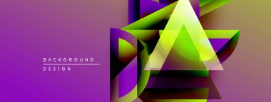 Soyut geometrik şekiller örtüşüyor, canlı mor ve yeşil renkler yaratıyor. Metin arka plan tasarımını beyaz harflerle okur. Modern görsel kompozisyon.