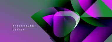 Soyut mor, yeşil tasarım. Üst üste binen şekiller dinamik görsel doku yaratır. Dijital projeler için modern arkaplan.