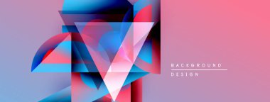Soyut geometrik şekiller örtüşüyor, canlı renk eğimleri yaratıyor. Pembe, mavi renkler tasarıma egemen, modern estetik.