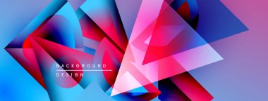 Soyut geometrik şekiller örtüşüyor, canlı renk eğimleri yaratıyor. Tasarımda maviler, pembeler, kırmızılar, morlar var. Modern arkaplan dokusu.