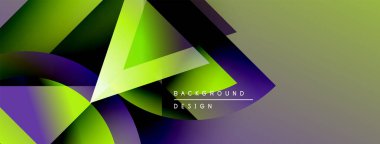 Soyut geometrik şekiller örtüşür, canlı gradyanlar yaratır. Yeşil, mor, sarı renkler tasarımda baskın. Modern estetik.