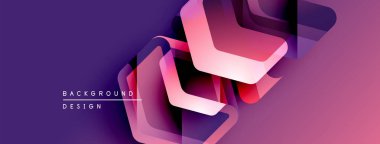 Soyut geometrik katmanlar dinamik mor gradyan arkaplan oluşturur. Modern tasarım elementleri yenilik ve teknoloji öneriyor.