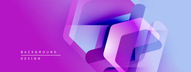 Soyut geometrik şekiller örtüşüyor, canlı mor, mavi bir eğim yaratıyor. Modern tasarım elementleri teknoloji ve yenilik öneriyor.