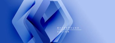 Soyut mavi geometrik şekiller dinamik arkaplan yaratır. Gradyan katmanlar derinlik ve modern tasarım unsurları sunar.