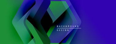 Soyut geometrik tasarım. Üst üste binen şekiller dinamik görsel efekt yaratır. Mavi, yeşil renkler kompozisyona hakim. Metin arkaplan tasarımı okur.