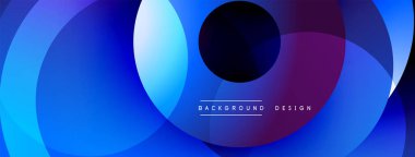Soyut daireler örtüşüyor, parlak mavi ve mor renkler yaratıyor. Arka planlar, afişler, sunumlar için modern tasarım unsuru. Basit, temiz estetik..